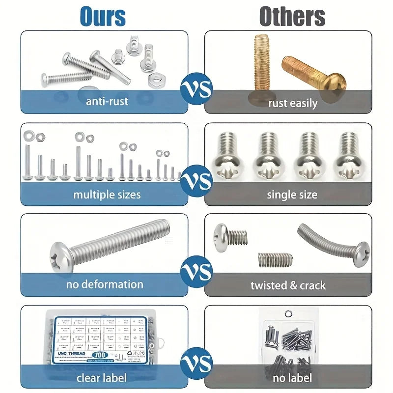 700pcs Stainless Steel Nut and Bolt Combination Kit, 4-40#6-32#8-32#10-24