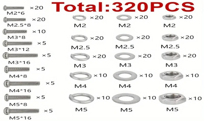 Nut and Bolt Set – 320 Pieces, Featuring Durable M2, M2.5, M3, M4, M5 Metric Specifications, Suitable for DIY Projects and Gener