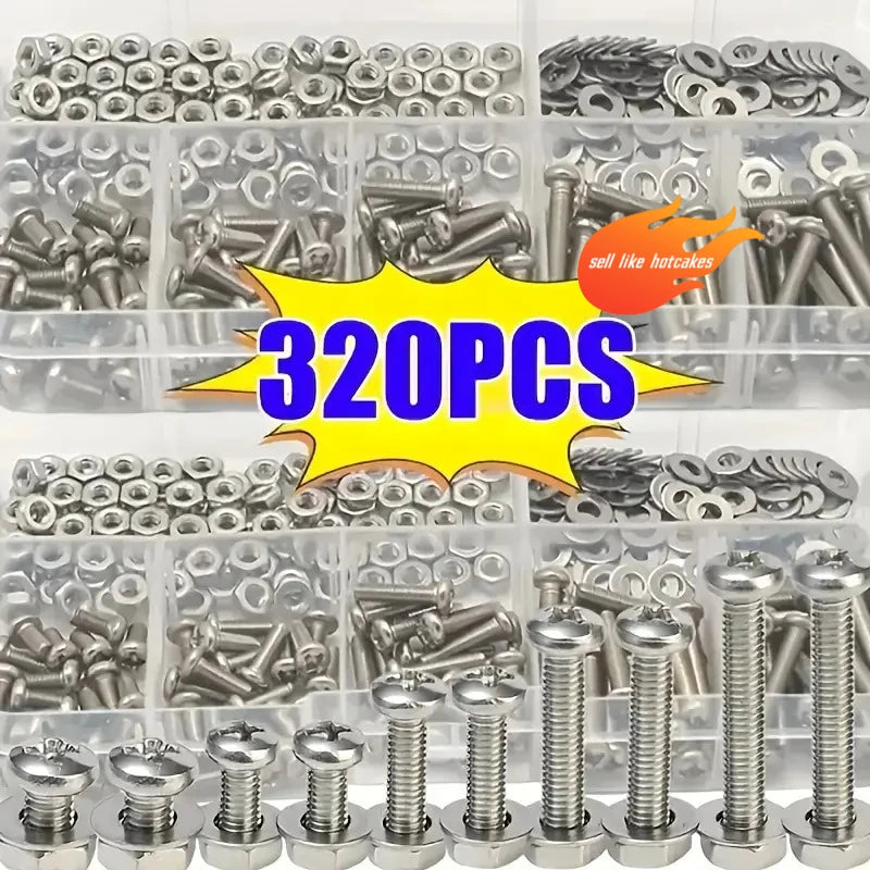Nut and Bolt Set – 320 Pieces, Featuring Durable M2, M2.5, M3, M4, M5 Metric Specifications, Suitable for DIY Projects and Gener