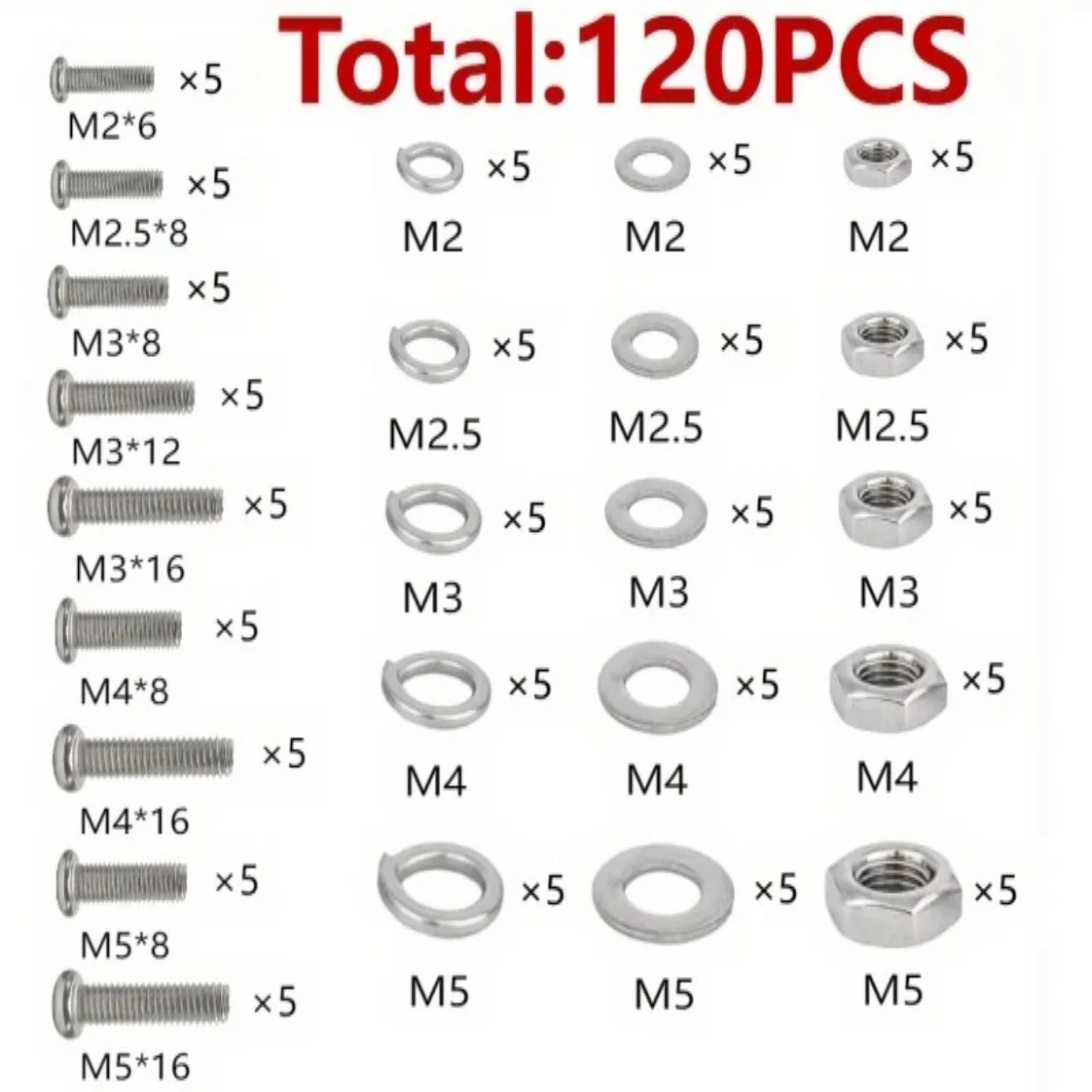 Nut and Bolt Set – 320 Pieces, Featuring Durable M2, M2.5, M3, M4, M5 Metric Specifications, Suitable for DIY Projects and Gener